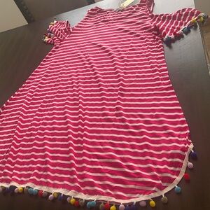 White and Pink Ruffled Sundress with Cold Shoulder for Casual Wear